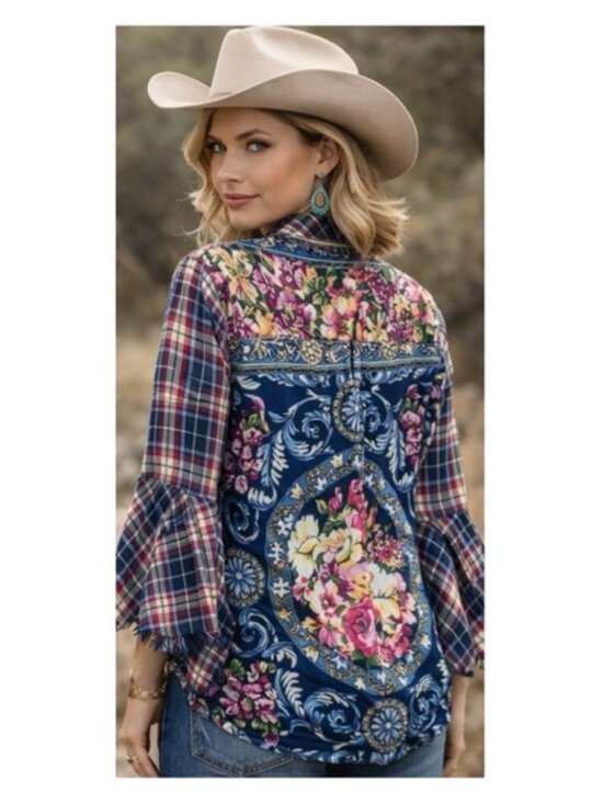 Aratta Silent Journey Tops - Aratta Silent Journey Button Up Long Bell Sleeve Floral Plaid Top sz L
